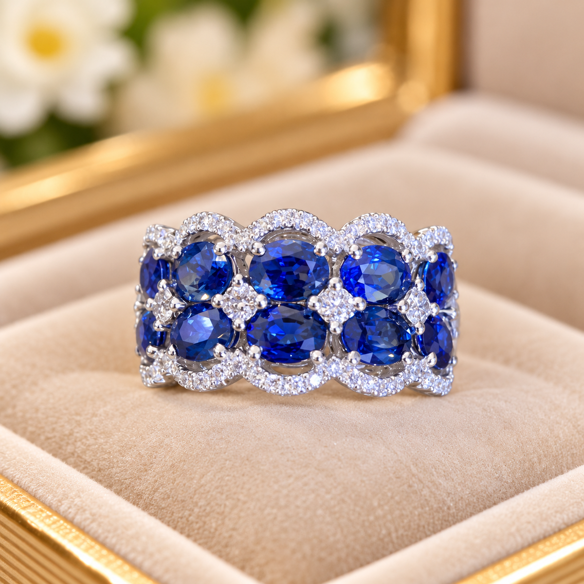 18K White Gold Blue Sapphire & Diamond Ring – 4.84 CTW