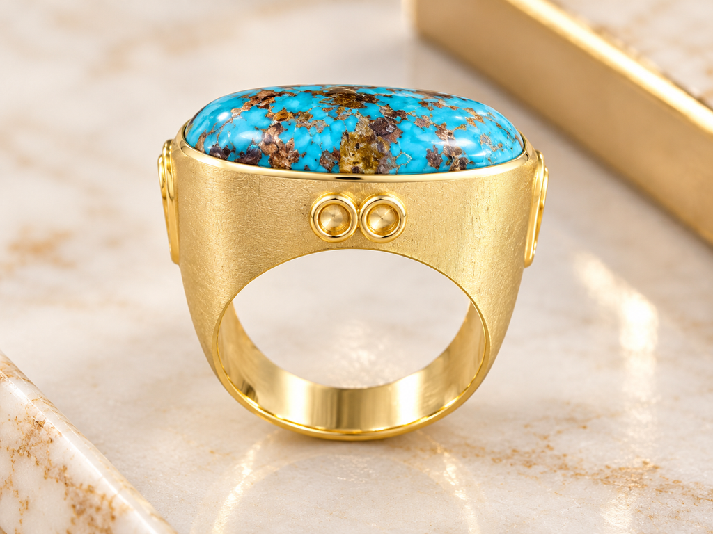 18K Yellow Gold Oval Persian Turquoise Statement Ring