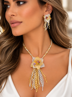 18K Italian Two-Tone Gold Floral Tassel Statement Necklace
