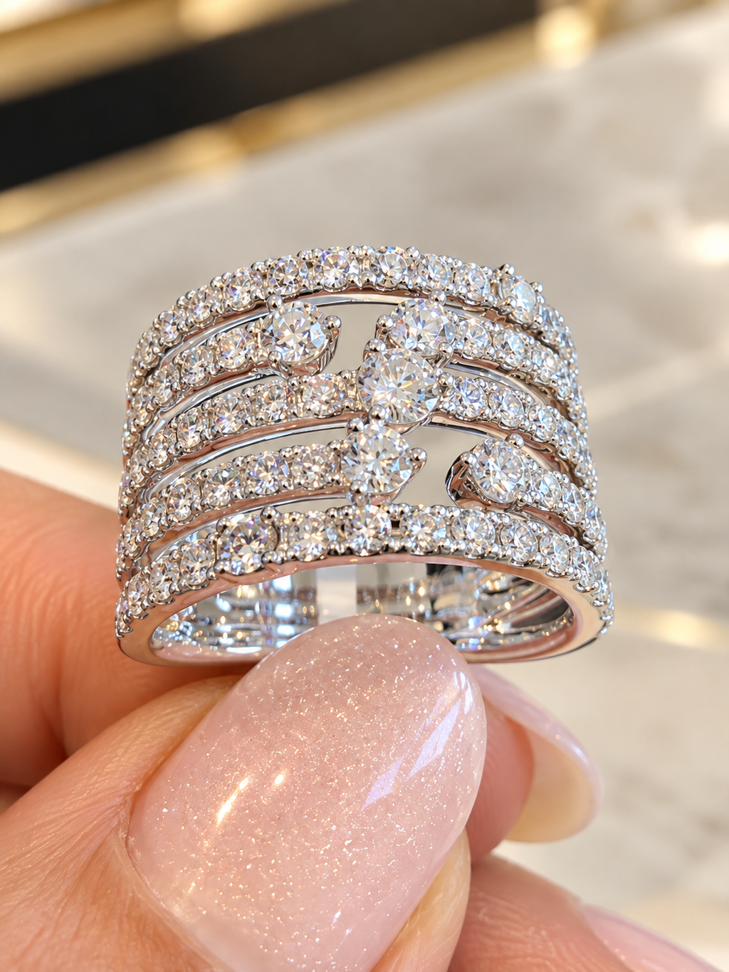 Kate Collin 1.70 CT Diamond Multi-Row Fashion Ring in 14K White Gold