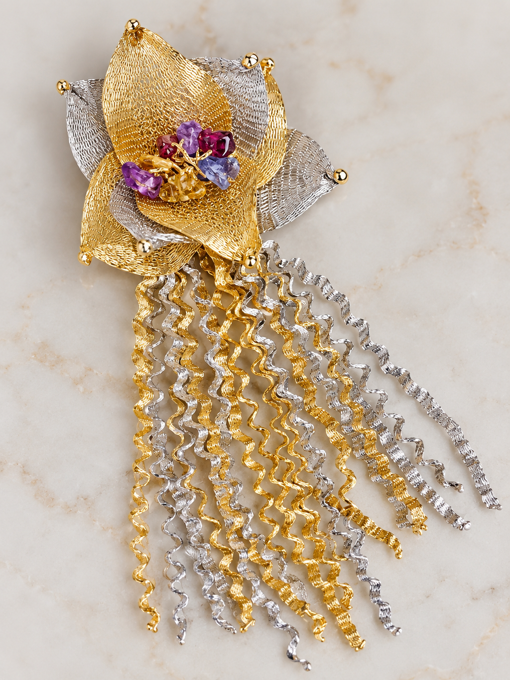 18K Italian Two-Tone Gold Floral Tassel Statement Necklace
