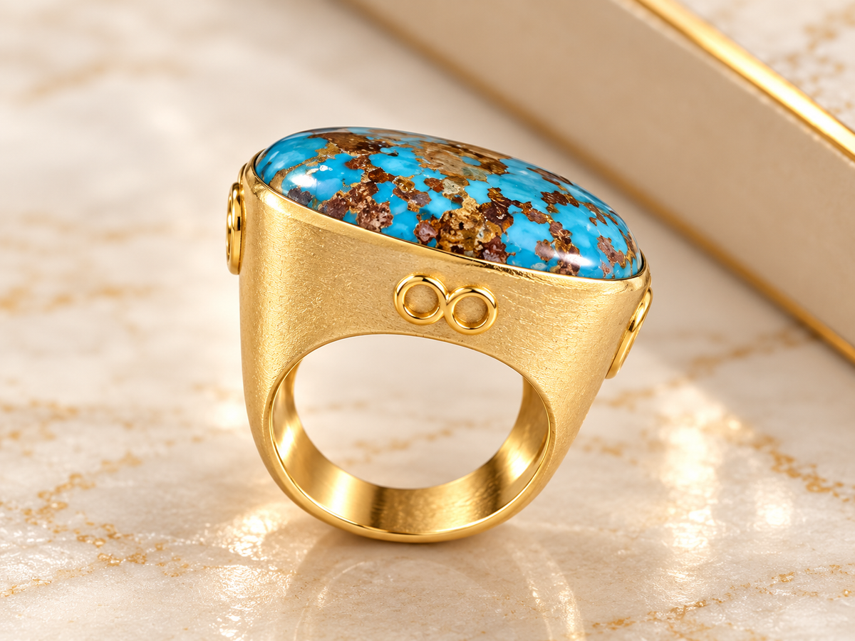 18K Yellow Gold Oval Persian Turquoise Statement Ring