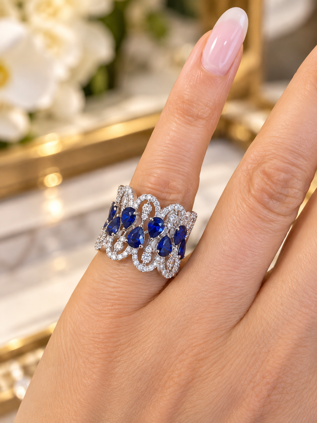 18K White Gold Sapphire & Diamond Statement Ring – 3.55 CTW