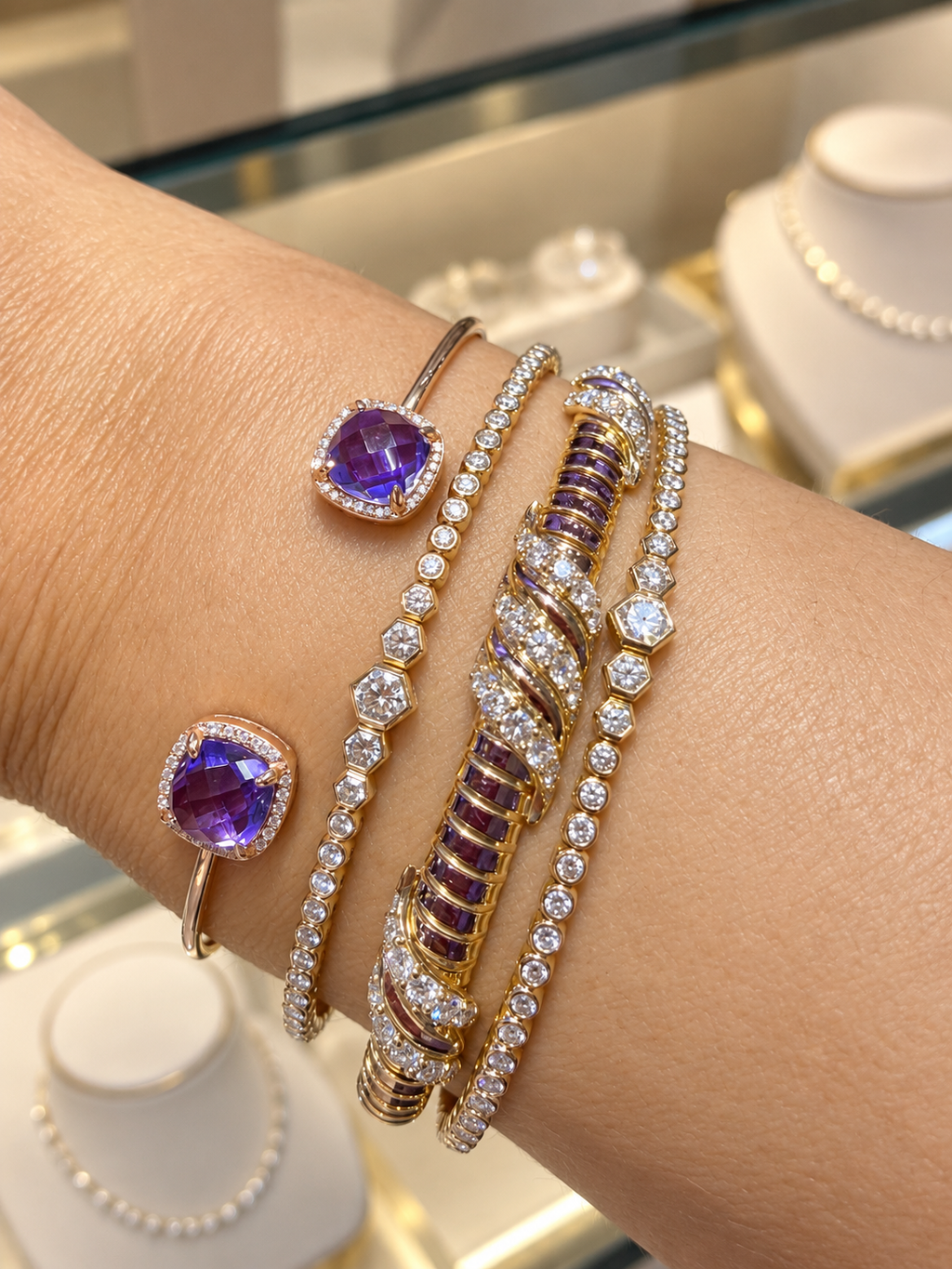 14K Rose Gold Amethyst & Diamond Open Cuff Bracelet