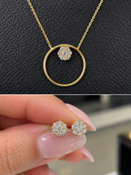 18K Gold Diamond Floral Circle Necklace & Earring Set – 0.35 CT