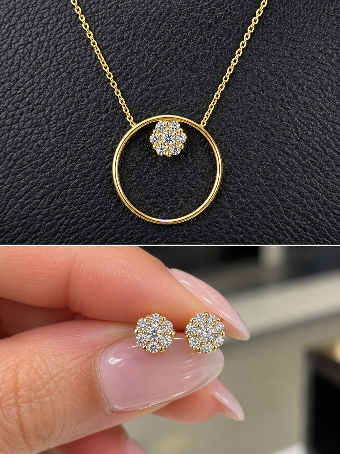 18K Gold Diamond Floral Circle Necklace & Earring Set – 0.35 CT