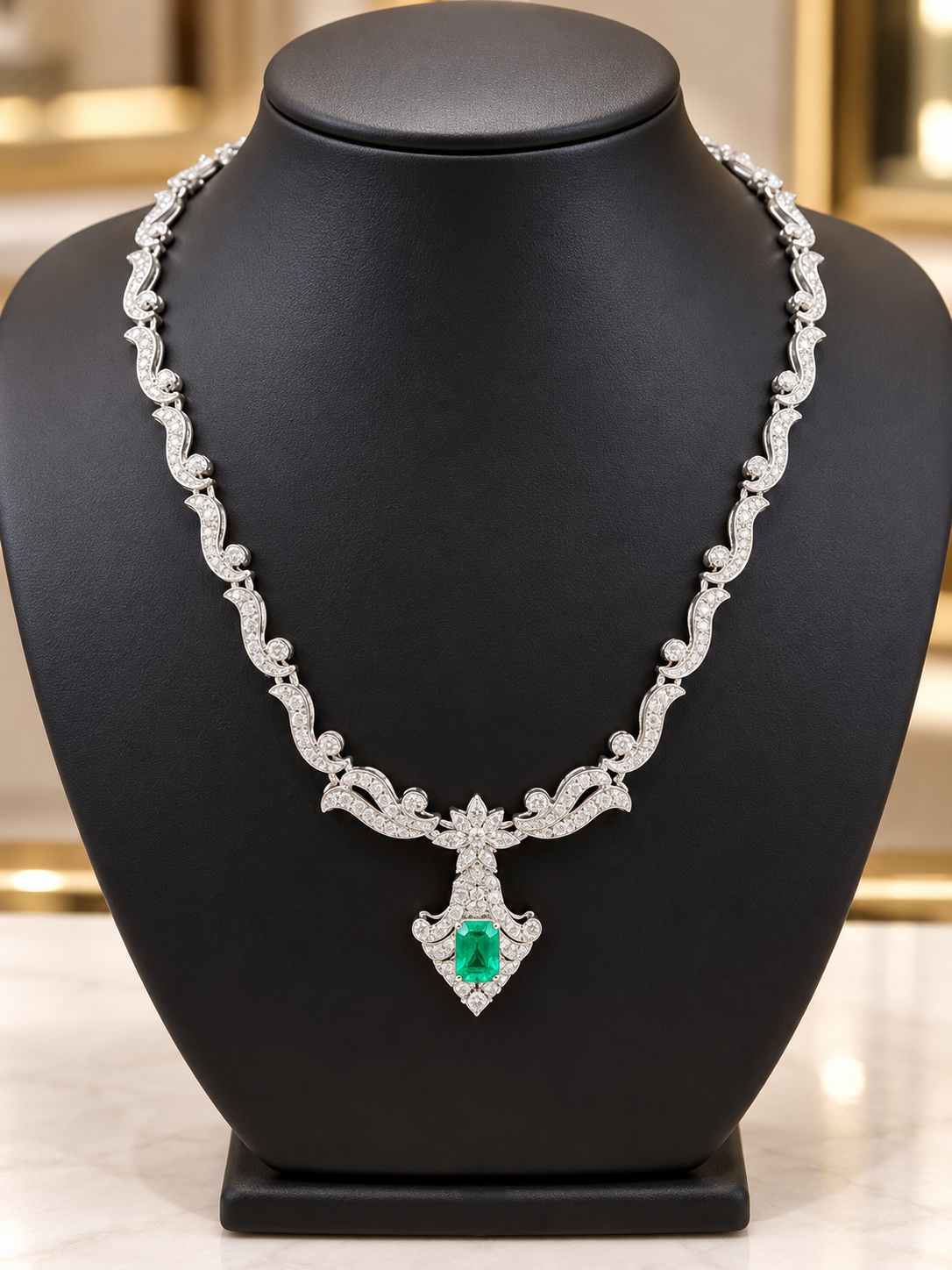 18K White Gold Emerald & Diamond Vintage-Inspired Necklace – 1.90 CT Emerald, 2.00 CT Diamonds