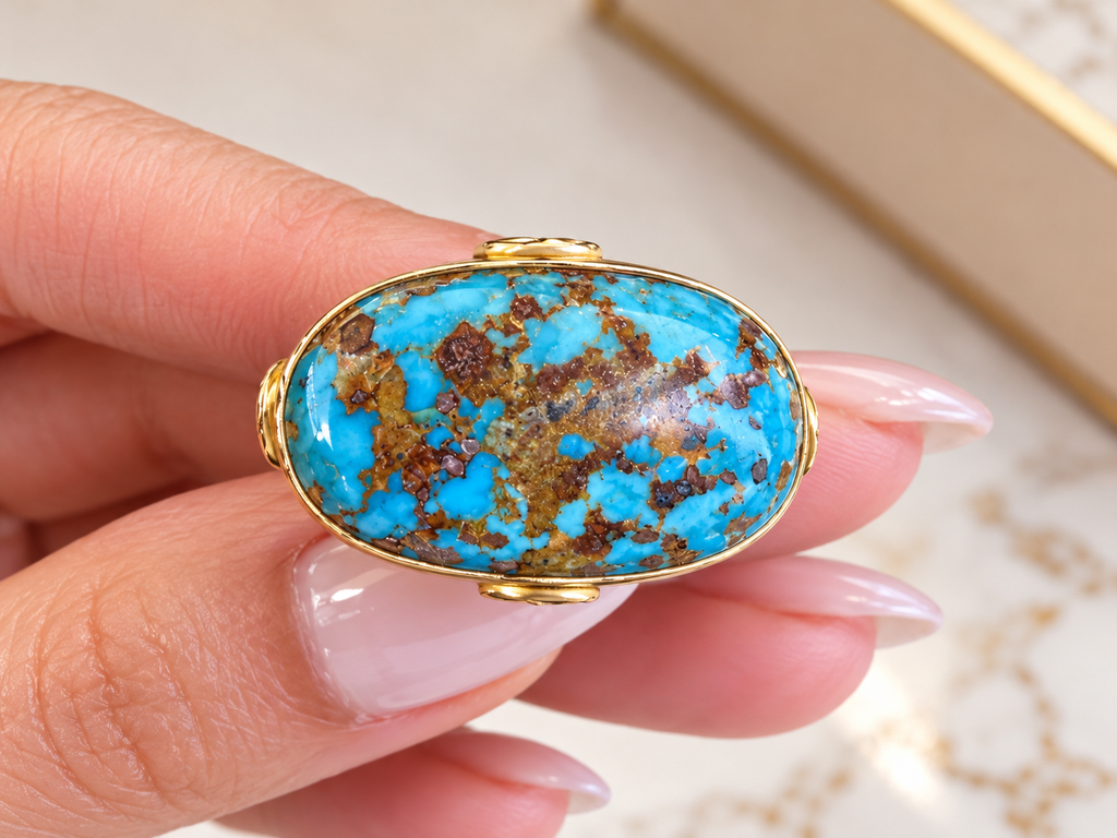 18K Yellow Gold Oval Persian Turquoise Statement Ring