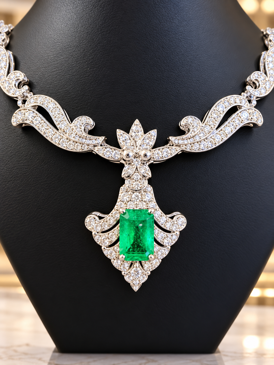 18K White Gold Emerald & Diamond Vintage-Inspired Necklace – 1.90 CT Emerald, 2.00 CT Diamonds