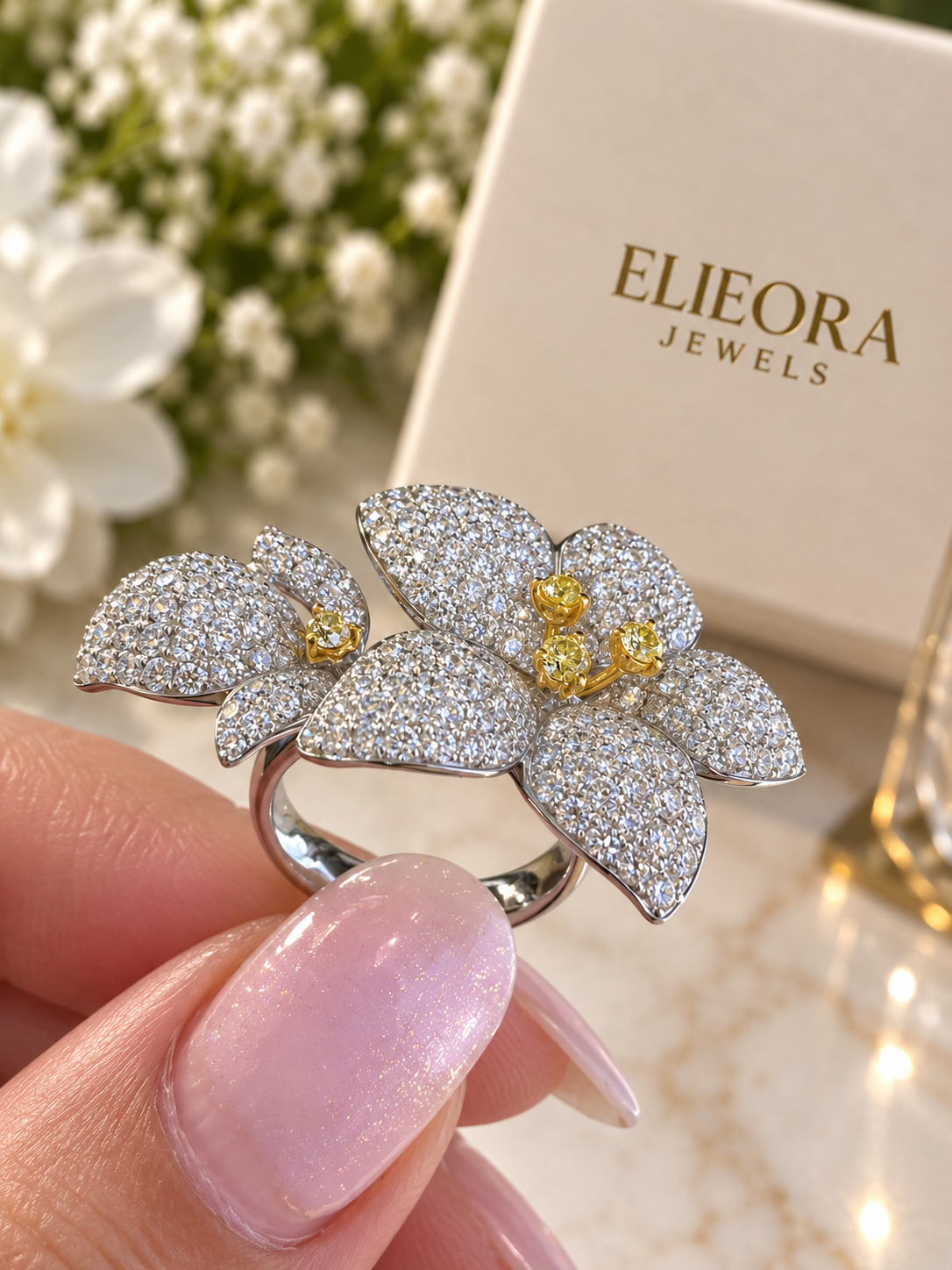 18 K Gold Diamond Orchid Statement Ring 2.95 CTW