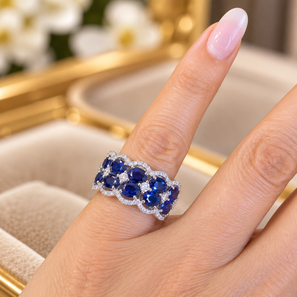 18K White Gold Blue Sapphire & Diamond Ring – 4.84 CTW