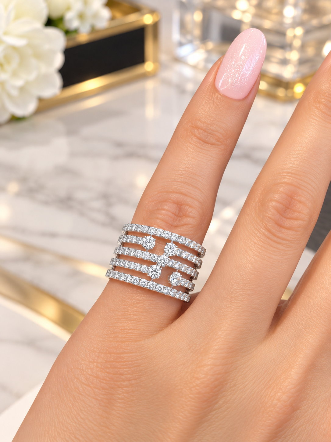 Kate Collin 1.70 CT Diamond Multi-Row Fashion Ring in 14K White Gold