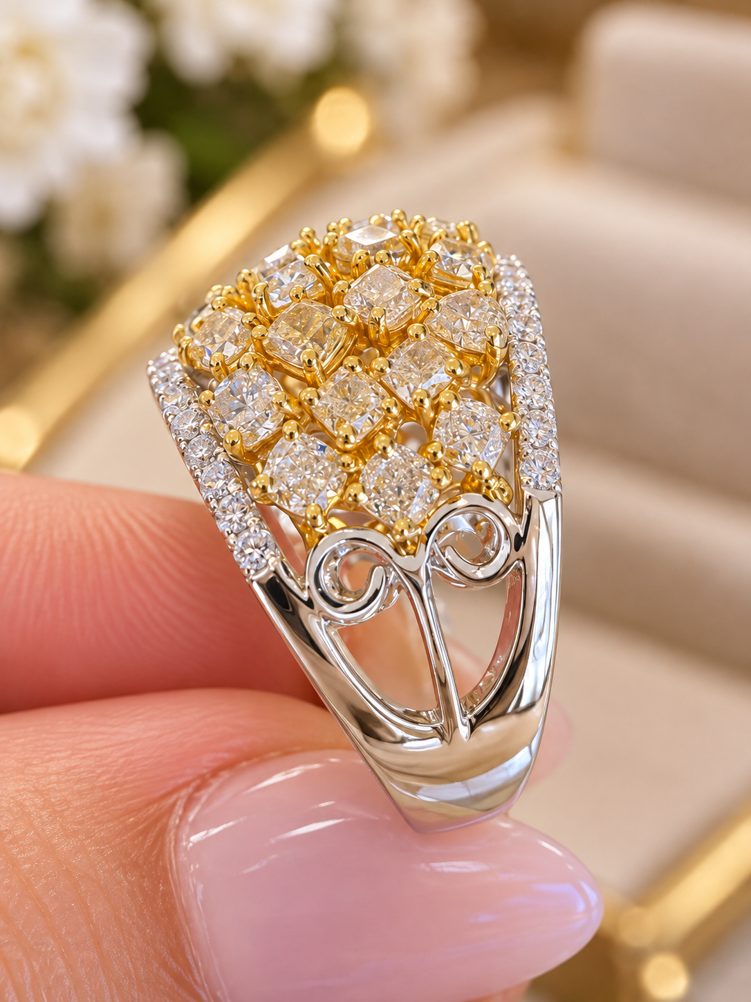 18K Two-Tone Fancy Yellow Diamond Statement Ring – 5.43 CT