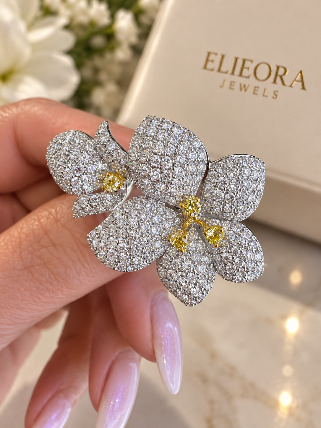 18 K Gold Diamond Orchid Statement Ring 2.95 CTW
