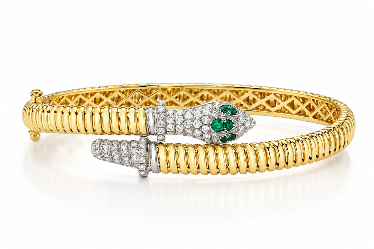 0.74CT DIAMOND & 0.12CT EMERALD 14K2T Y/W RIBBED SNAKE BANGLE